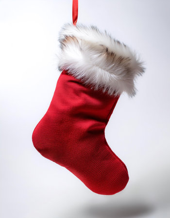 Red Christmas stocking with a white fur trim floating or flying isolated on Clean White backgroundの写真素材