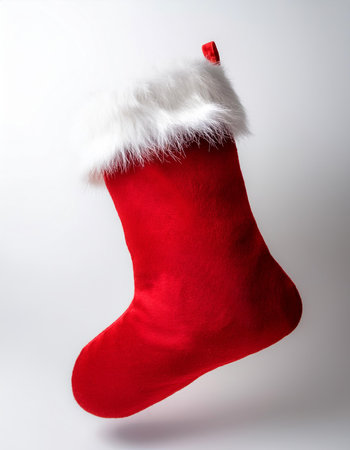 Red Christmas stocking with a white fur trim floating or flying isolated on Clean White backgroundの写真素材