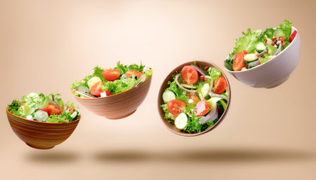 Salad bowls floating or flying isolated on biege backgroundの写真素材