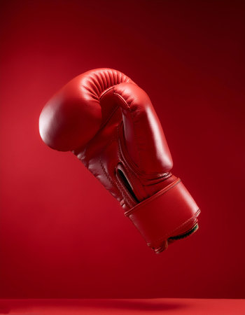 Red leather boxing glove floating or flying isolated on Clean Red backgroundの写真素材