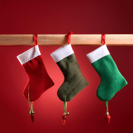 red and green Christmas stockings hanging from a wooden bar with ribbons floating or flying isolated on Clean Red backgroundの写真素材