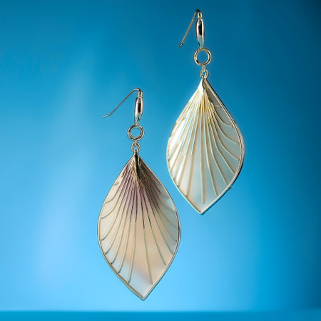 Simple earrings placed floating or flying isolated on light blue backgroundの写真素材