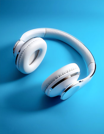 White metallic white wireless headphones, background concept isolated on light blue backgroundの写真素材