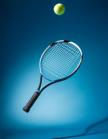tennis racket floating or flying isolated on light blue backgroundの写真素材