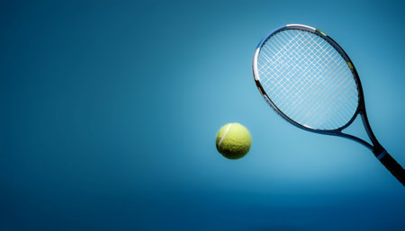 tennis racket floating or flying isolated on light blue backgroundの写真素材