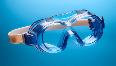 Swimming goggles floating or flying isolated on light blue backgroundの写真素材