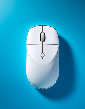 White Wireless mouse without cables floating or flying isolated on light blue backgroundの写真素材
