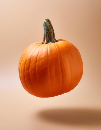 pumpkin floating or flying isolated on biege backgroundの写真素材