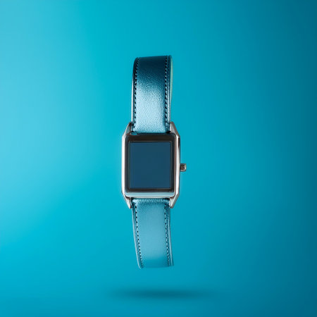 watch strap floating or flying isolated on light blue backgroundの写真素材