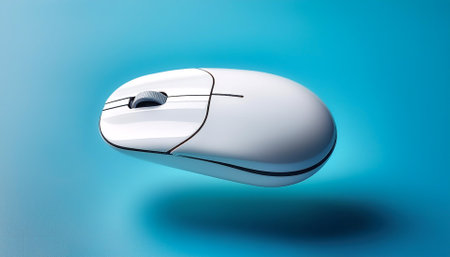 White Wireless mouse without cables floating or flying isolated on light blue backgroundの写真素材