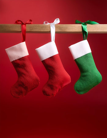 red and green Christmas stockings hanging from a wooden bar with ribbons floating or flying isolated on Clean Red backgroundの写真素材