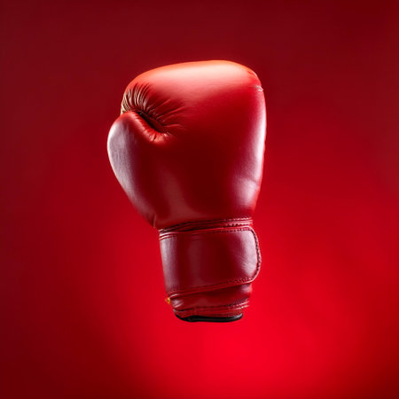Red leather boxing glove floating or flying isolated on Clean Red backgroundの写真素材