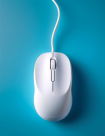 White Wireless mouse without cables floating or flying isolated on light blue backgroundの写真素材