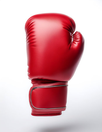 Red leather boxing glove floating or flying isolated on Clean White backgroundの写真素材