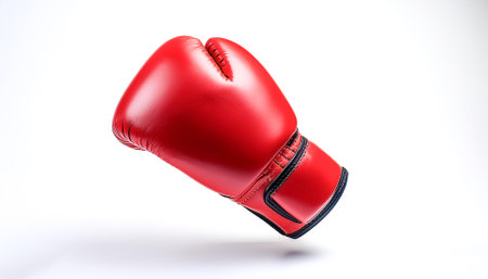 Red leather boxing glove floating or flying isolated on Clean White backgroundの写真素材