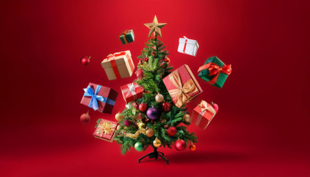 Christmas tree with colorful decorations with Christmas gifts floating or flying isolated on Clean Red backgroundの写真素材