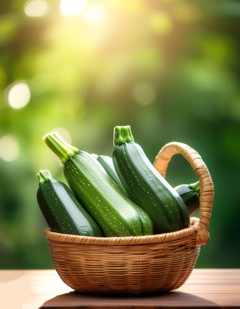 Zucchini in Bamboo basket with blur green bokeh backgroundの写真素材