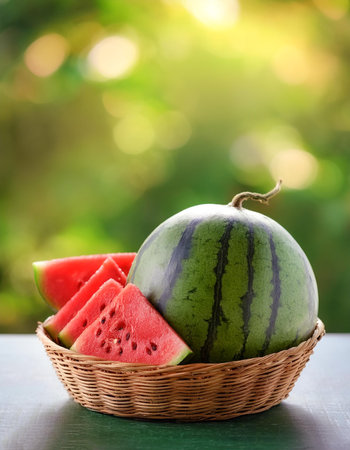 Watermelon in Bamboo basket with blur green bokeh backgroundの写真素材
