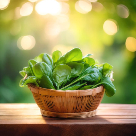Spinach Vegetables in Bamboo basket with blur green bokeh backgroundの写真素材