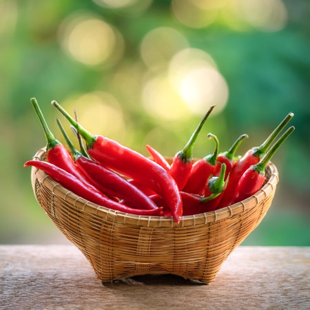 Red chili peppers in Bamboo basket with blur green bokeh backgroundの写真素材