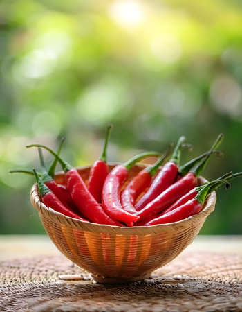 Red chili peppers in bamboo basket with blur green bokeh backgroundの写真素材
