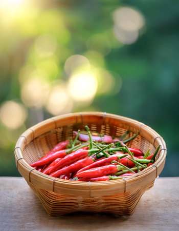Red chili peppers in basket with blur green bokeh backgroundの写真素材