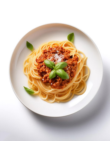 Spaghetti Bolognese on a white plate isolated on whiteの写真素材
