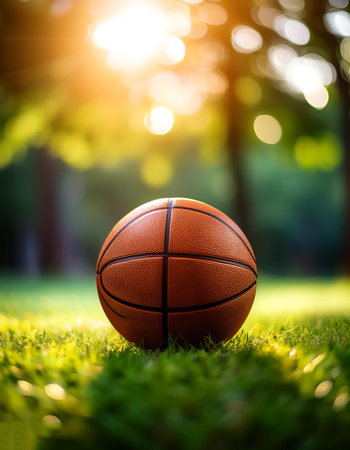 Basketball on a grass with blur green bokeh backgroundの写真素材