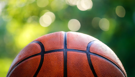 Basketball on a grass with blur green bokeh backgroundの写真素材