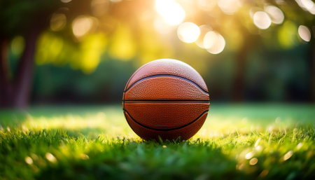 Basketball on a grass with blur green bokeh backgroundの写真素材