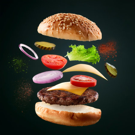 burger with flying to much ingredients floating or flying isolated on clean dark backgroundの写真素材