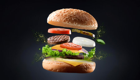 burger with flying to much ingredients floating or flying isolated on clean dark backgroundの写真素材