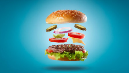 burger with flying to much ingredients floating or flying isolated on clean dark backgroundの写真素材