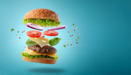 burger with flying to much ingredients floating or flying isolated on clean dark backgroundの写真素材