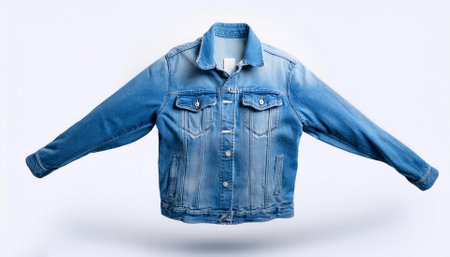 blue denim jacket front view floating or flying isolated on white backgroundの写真素材