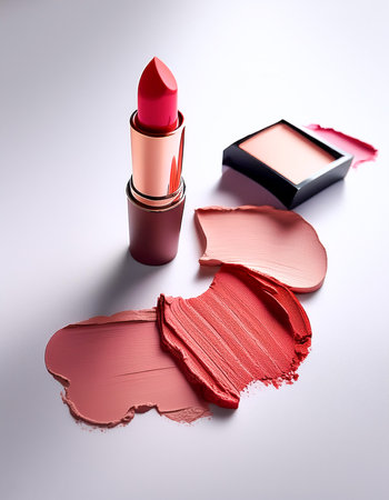 Creative concept photo of cosmetics swatches beauty products lipstick on white backgroundの写真素材