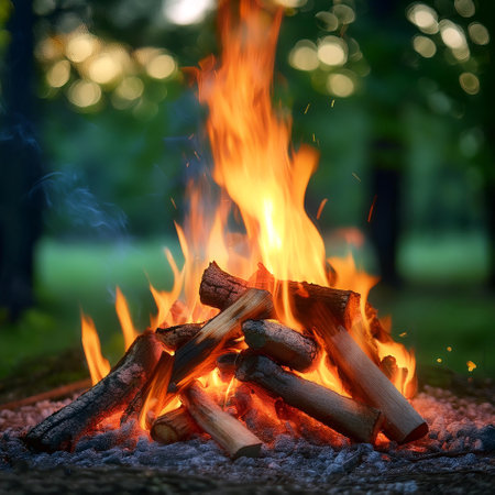 Campfire on blur green bokeh background. Closeup of a pile of firewood burning with orange and yellow flamesの写真素材