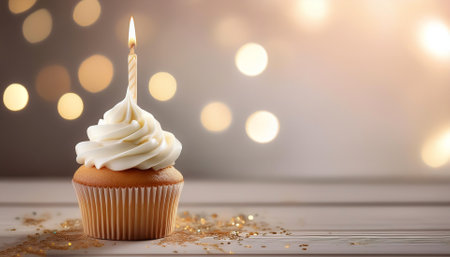 Delicious birthday cupcake on table on light backgroundの写真素材