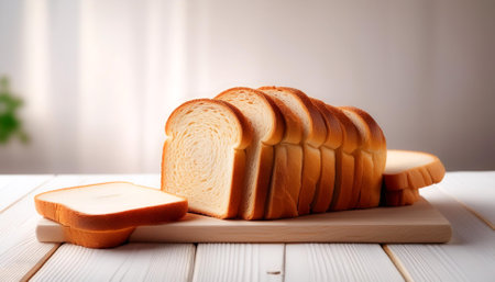 Delicious bread slices on white wooden table on light background
