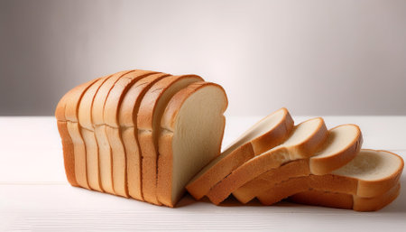 Delicious bread slices on white wooden table on light background