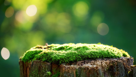 Green moss on tree rotten stump on blur green bokeh backgroundの写真素材