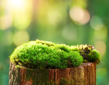 Green moss on tree rotten stump on blur green bokeh backgroundの写真素材