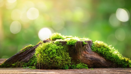 Green moss on tree rotten stump on blur green bokeh backgroundの写真素材