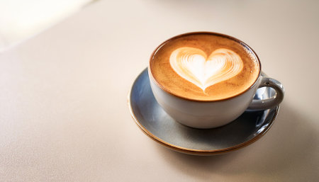 Hot latte coffee in clean white ceramic cup on table on light background. Heart pattern latte artの写真素材