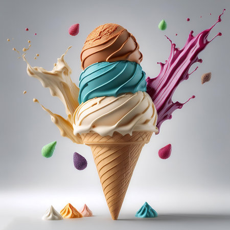Ice cream cone with 4 types of original ice cream flavors floating or flying isolated on clean white backgroundの写真素材