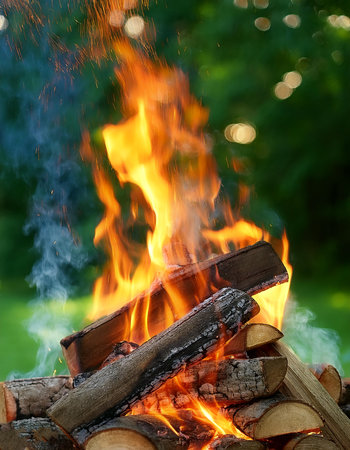 Campfire on blur green bokeh background. Closeup of a pile of firewood burning with orange and yellow flamesの写真素材