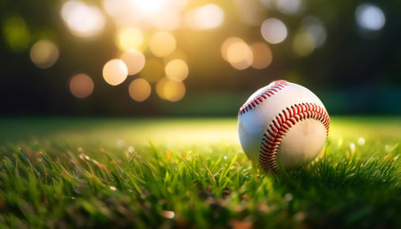 Baseball on grass with blur green bokeh background