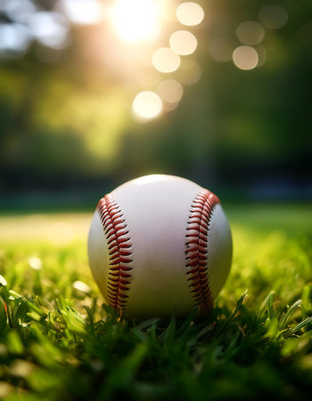 Baseball on grass with blur green bokeh backgroundの写真素材