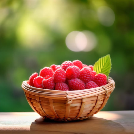 raspberry in Bamboo basket with blur green bokeh backgroundの写真素材