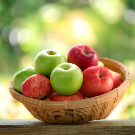Red and green apples in Bamboo basket with blur green bokeh backgroundの写真素材